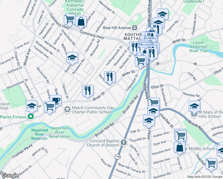 map of restaurants, bars, coffee shops, grocery stores, and more near 621-623 River Street in Boston