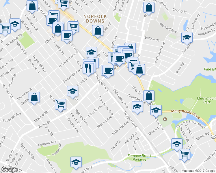 map of restaurants, bars, coffee shops, grocery stores, and more near 5-31R Old Colony Avenue in Quincy