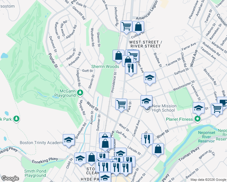 map of restaurants, bars, coffee shops, grocery stores, and more near 105 Providence Street in Boston