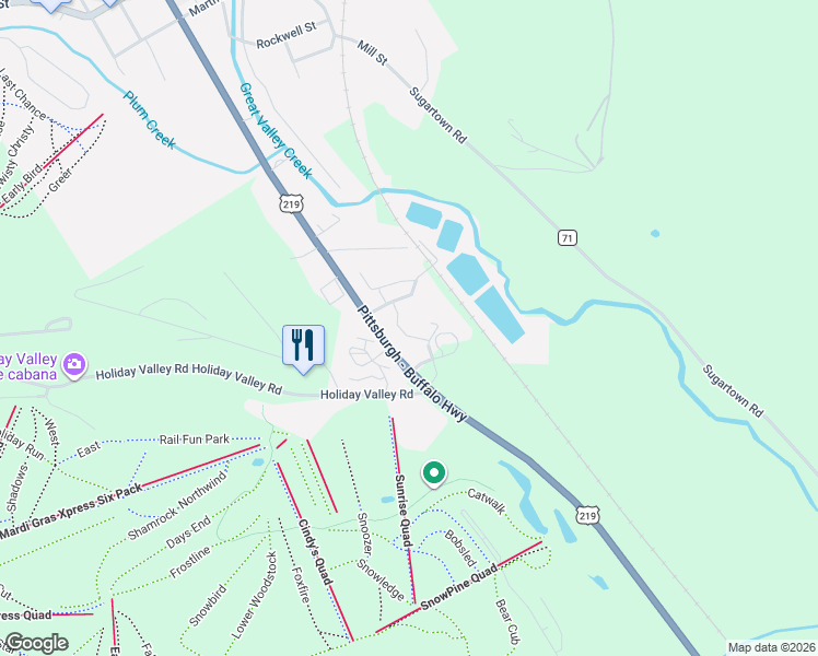 map of restaurants, bars, coffee shops, grocery stores, and more near 185 Wildflower in Ellicottville
