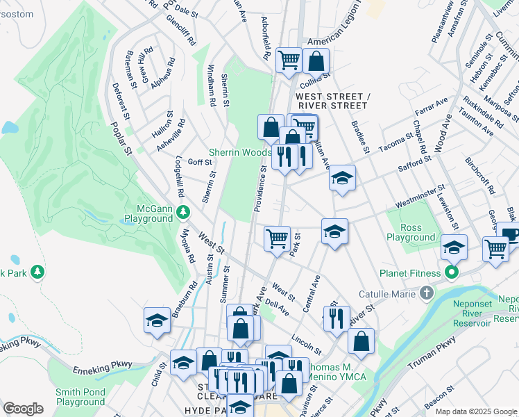 map of restaurants, bars, coffee shops, grocery stores, and more near 105 Providence Street in Boston