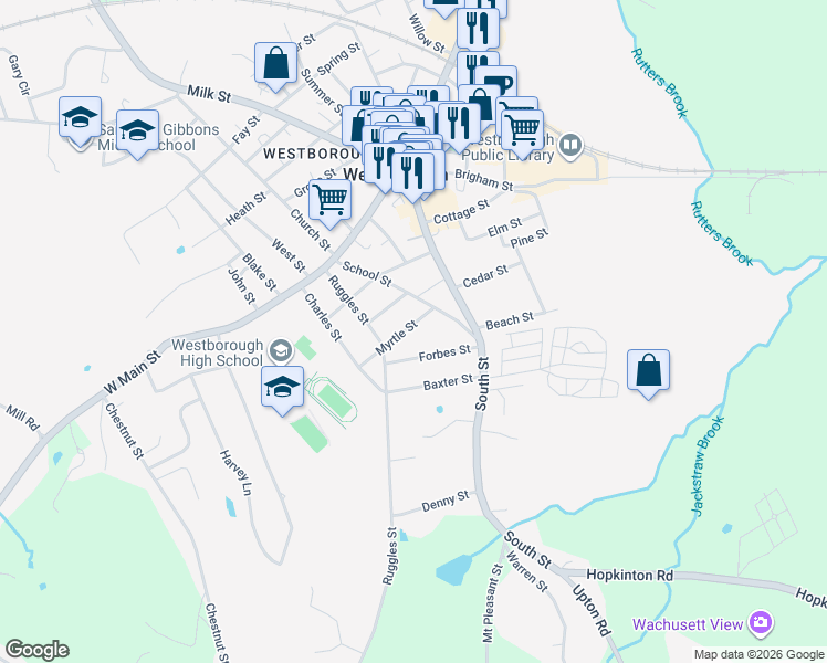 map of restaurants, bars, coffee shops, grocery stores, and more near 4 Harrison Avenue in Westborough