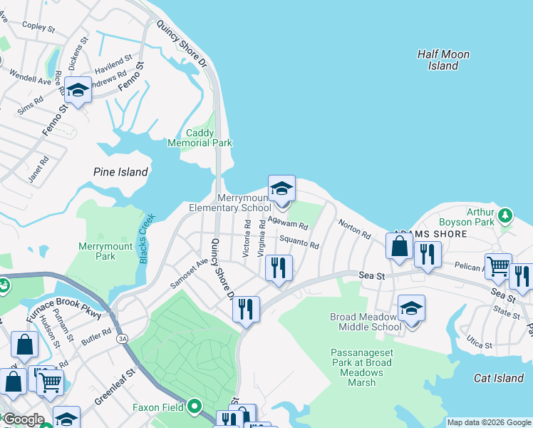 map of restaurants, bars, coffee shops, grocery stores, and more near 71 Shore Avenue in Quincy