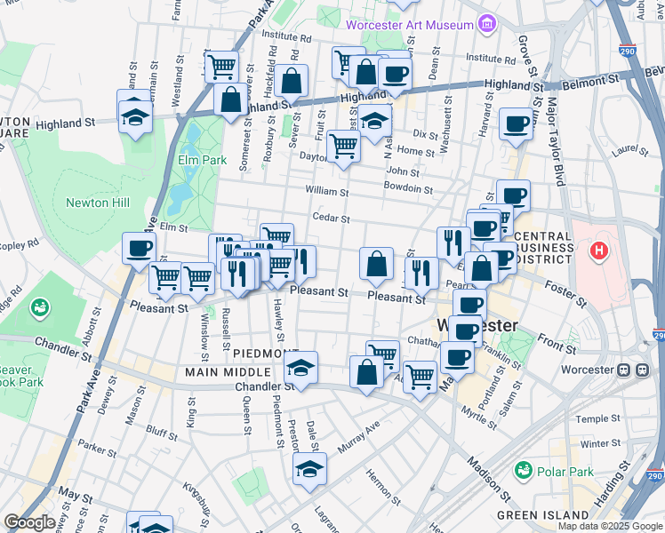 map of restaurants, bars, coffee shops, grocery stores, and more near 70 Elm Street in Worcester