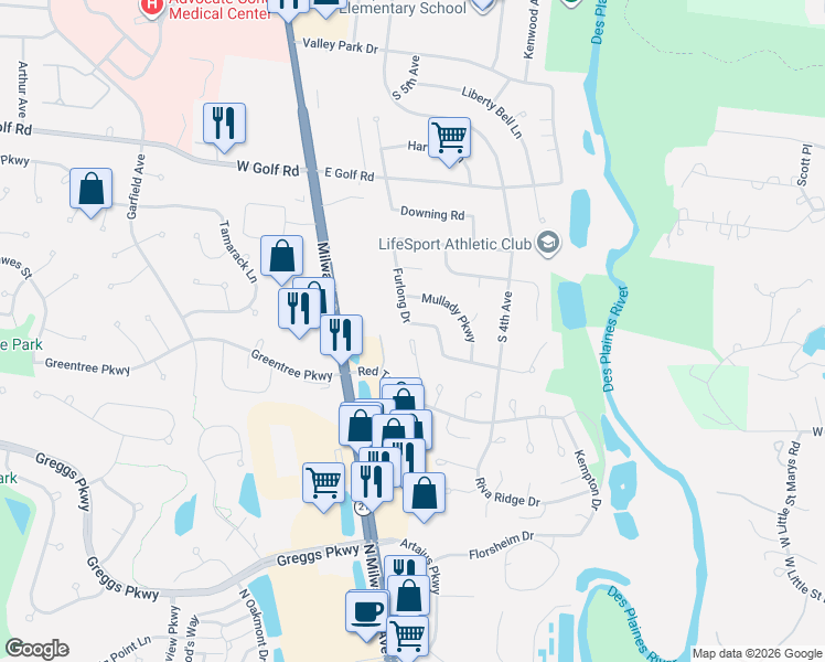 map of restaurants, bars, coffee shops, grocery stores, and more near 1132 Furlong Drive in Libertyville