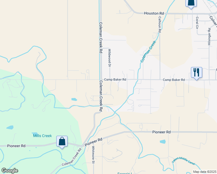 map of restaurants, bars, coffee shops, grocery stores, and more near 2384 Camp Baker Road in Medford