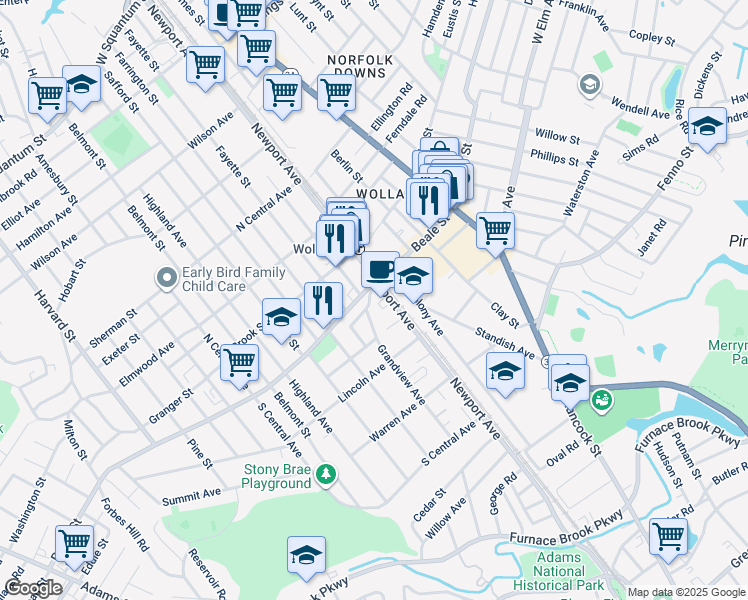 map of restaurants, bars, coffee shops, grocery stores, and more near 5-31R Old Colony Avenue in Quincy