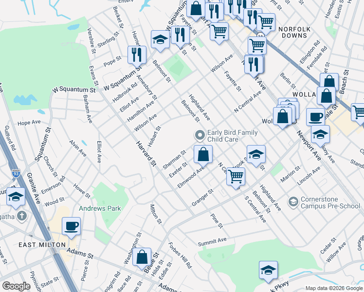 map of restaurants, bars, coffee shops, grocery stores, and more near 168 Sherman Street in Quincy