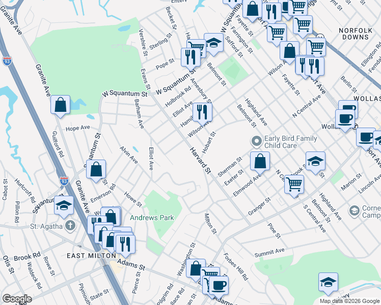 map of restaurants, bars, coffee shops, grocery stores, and more near 114 Harvard Street in Quincy