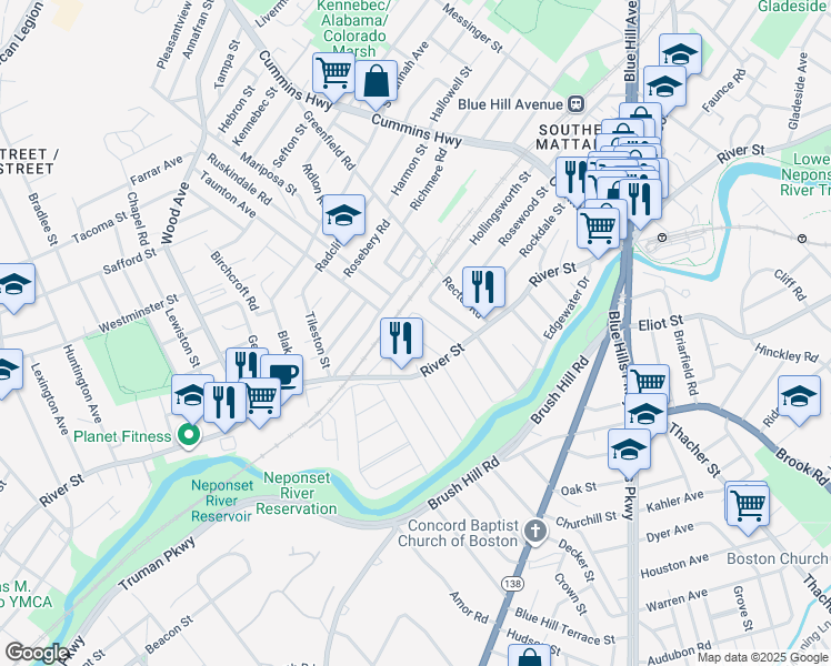 map of restaurants, bars, coffee shops, grocery stores, and more near 41 Suncrest Road in Boston