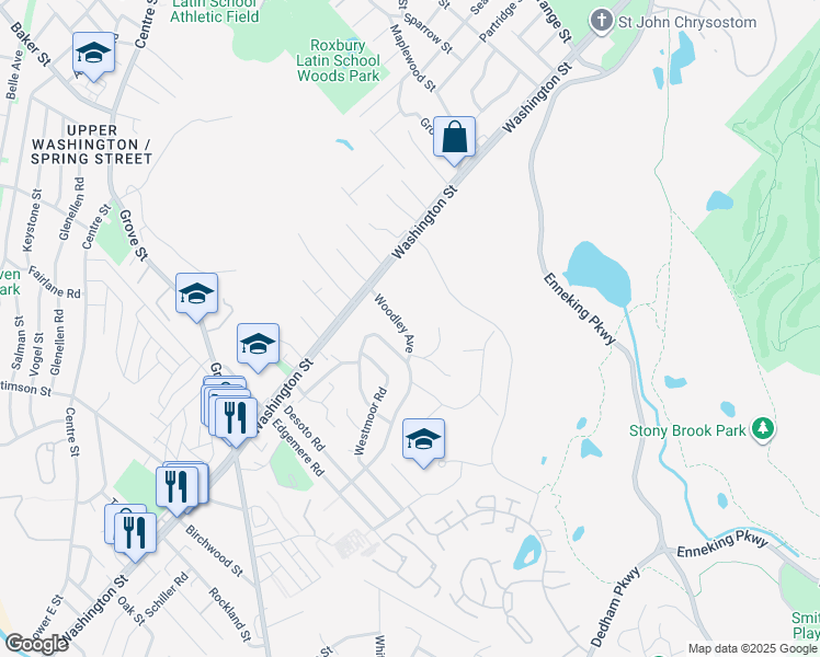 map of restaurants, bars, coffee shops, grocery stores, and more near 32 Woodley Avenue in Boston