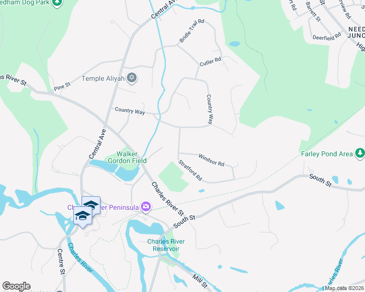 map of restaurants, bars, coffee shops, grocery stores, and more near 19 Stratford Road in Needham