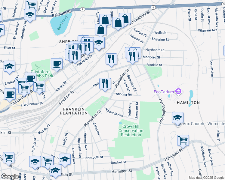 map of restaurants, bars, coffee shops, grocery stores, and more near 173 Orient Street in Worcester