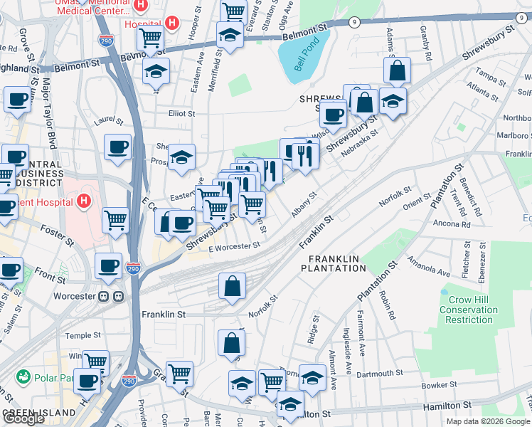 map of restaurants, bars, coffee shops, grocery stores, and more near 181 Shrewsbury Street in Worcester