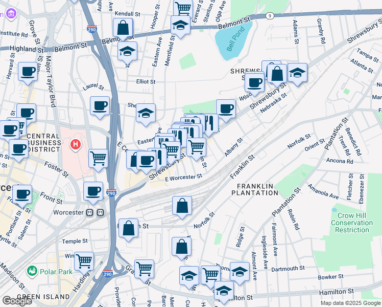 map of restaurants, bars, coffee shops, grocery stores, and more near 166 Shrewsbury Street in Worcester