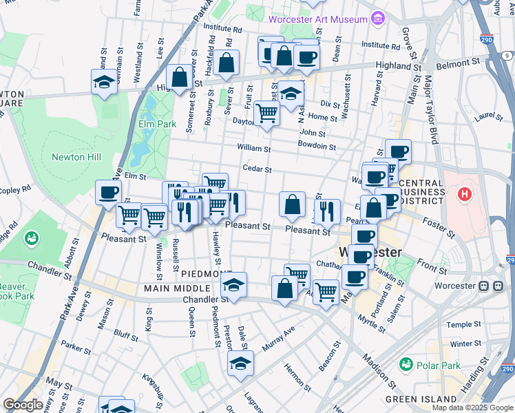map of restaurants, bars, coffee shops, grocery stores, and more near 70 Elm Street in Worcester