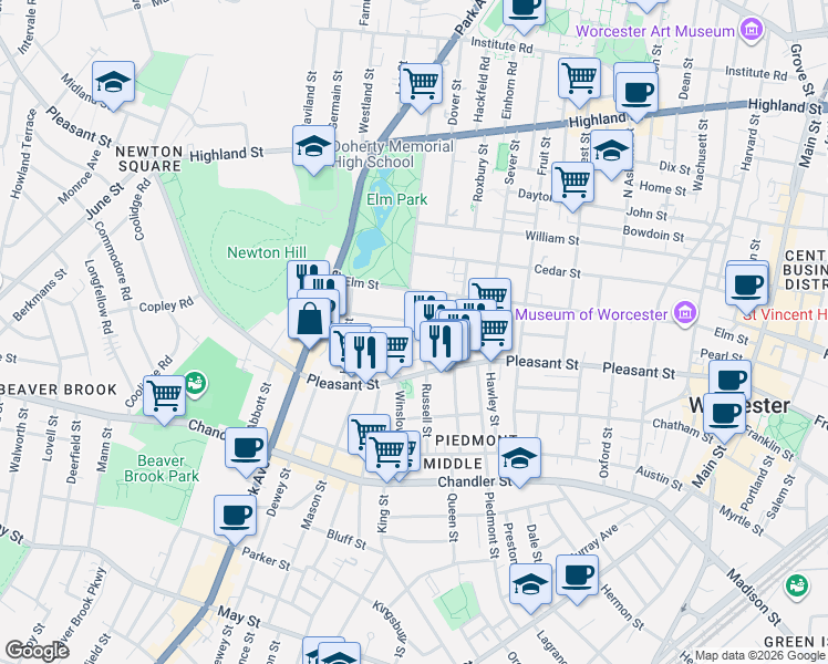 map of restaurants, bars, coffee shops, grocery stores, and more near 8 Blossom Street in Worcester