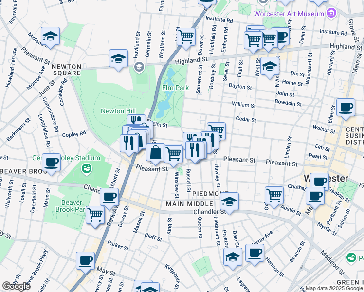 map of restaurants, bars, coffee shops, grocery stores, and more near 8 Blossom Street in Worcester