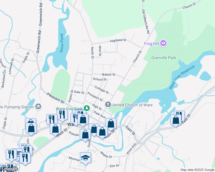 map of restaurants, bars, coffee shops, grocery stores, and more near 21 School Street in Ware