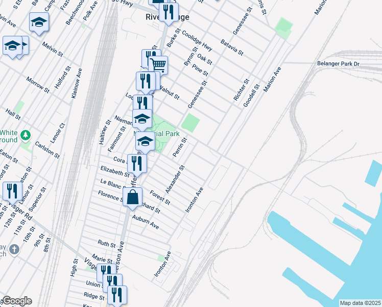 map of restaurants, bars, coffee shops, grocery stores, and more near 17 Perrin Street in River Rouge