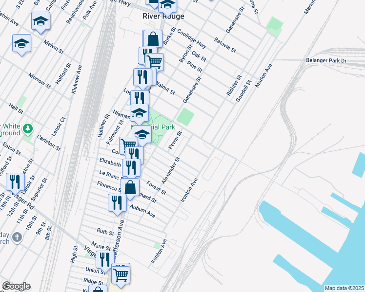 map of restaurants, bars, coffee shops, grocery stores, and more near 17 Perrin Street in River Rouge