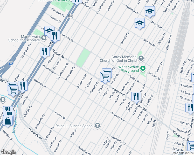 map of restaurants, bars, coffee shops, grocery stores, and more near 2721 South Ethel Street in Detroit