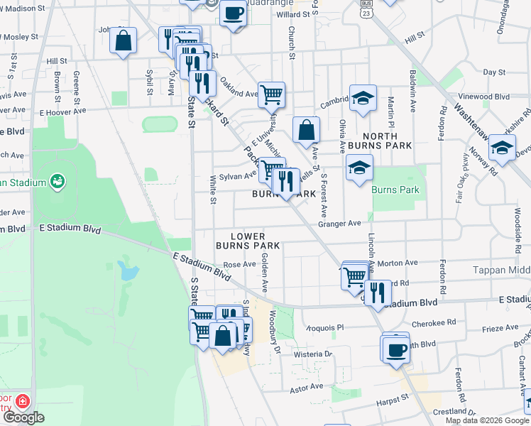 map of restaurants, bars, coffee shops, grocery stores, and more near 933 Woodlawn Avenue in Ann Arbor