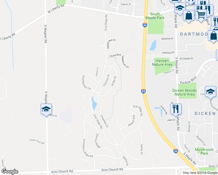 map of restaurants, bars, coffee shops, grocery stores, and more near 1311 Timmins Drive in Ann Arbor