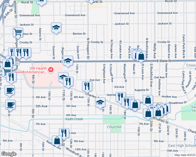 map of restaurants, bars, coffee shops, grocery stores, and more near 215 South Gardiner Avenue in Rockford