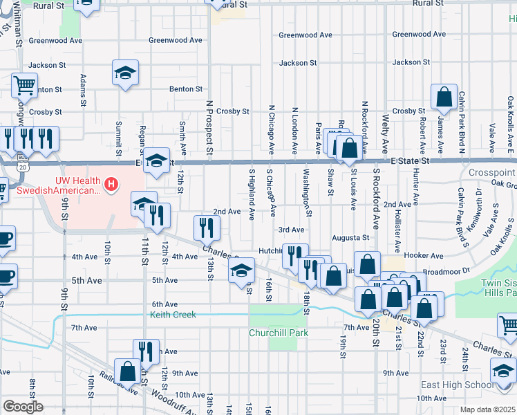 map of restaurants, bars, coffee shops, grocery stores, and more near 219 South Highland Avenue in Rockford