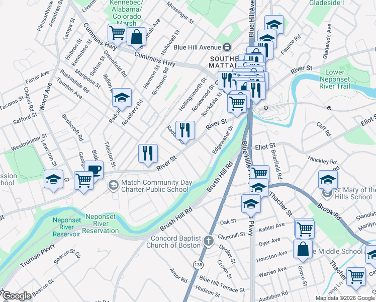 map of restaurants, bars, coffee shops, grocery stores, and more near 621 River Street in Boston