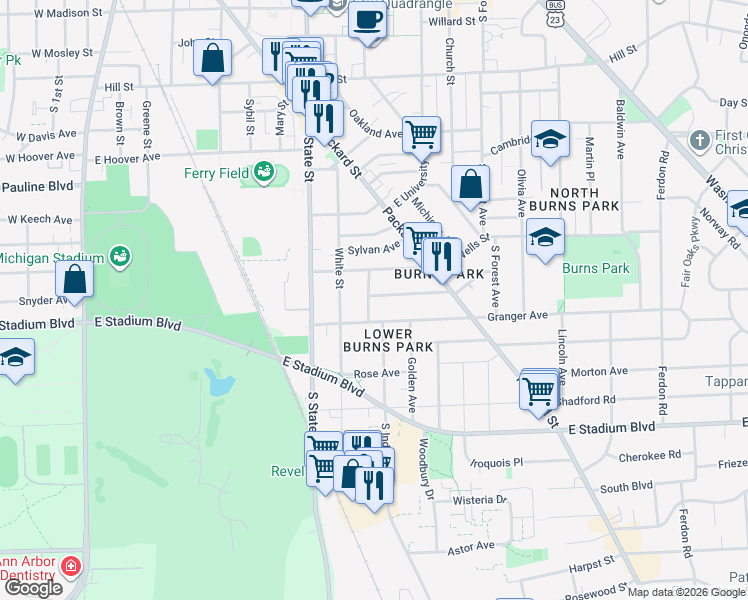 map of restaurants, bars, coffee shops, grocery stores, and more near 900 Woodlawn Avenue in Ann Arbor