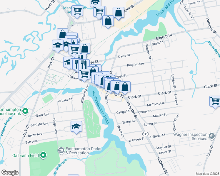 map of restaurants, bars, coffee shops, grocery stores, and more near 12 Maple Street in Easthampton