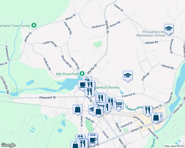 map of restaurants, bars, coffee shops, grocery stores, and more near 71-73 Raymond Marchetti Street in Ashland
