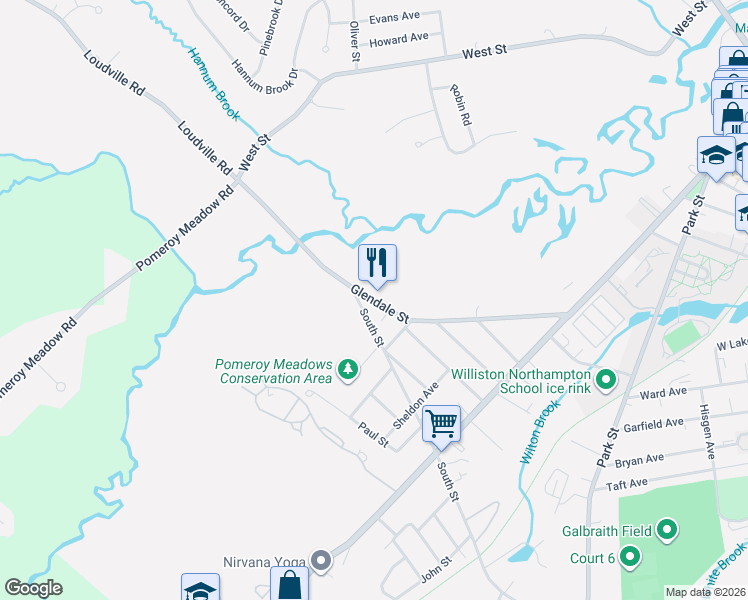 map of restaurants, bars, coffee shops, grocery stores, and more near Glendale Street in Easthampton