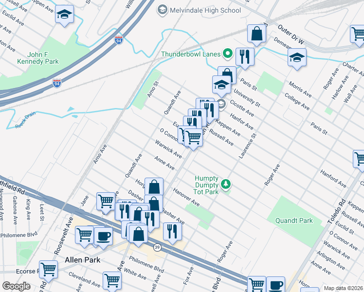 map of restaurants, bars, coffee shops, grocery stores, and more near 15546 O Connor Avenue in Allen Park