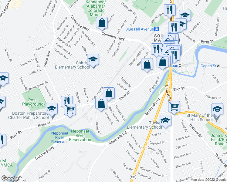 map of restaurants, bars, coffee shops, grocery stores, and more near 41 Suncrest Road in Boston