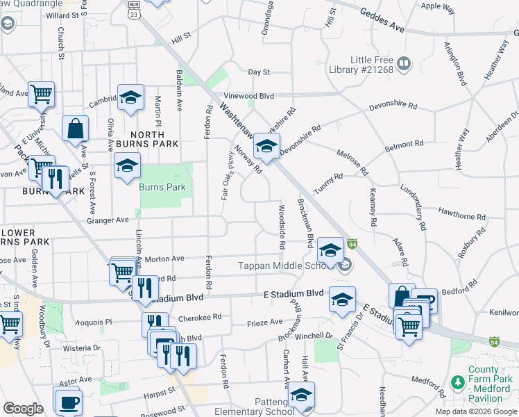 map of restaurants, bars, coffee shops, grocery stores, and more near 1925 Scottwood Avenue in Ann Arbor