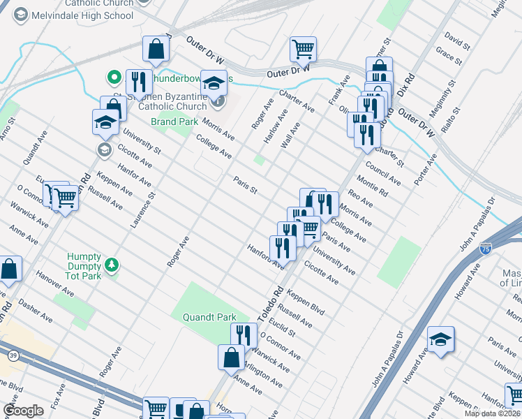 map of restaurants, bars, coffee shops, grocery stores, and more near 2204 Paris Avenue in Lincoln Park