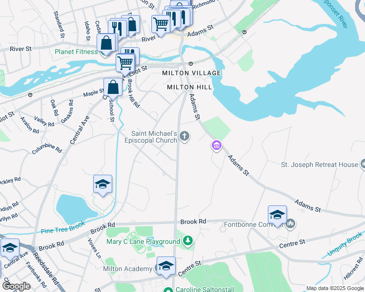 map of restaurants, bars, coffee shops, grocery stores, and more near 112 Randolph Avenue in Milton