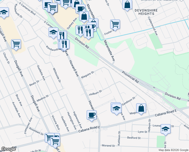 map of restaurants, bars, coffee shops, grocery stores, and more near 595 Maguire Street in Windsor