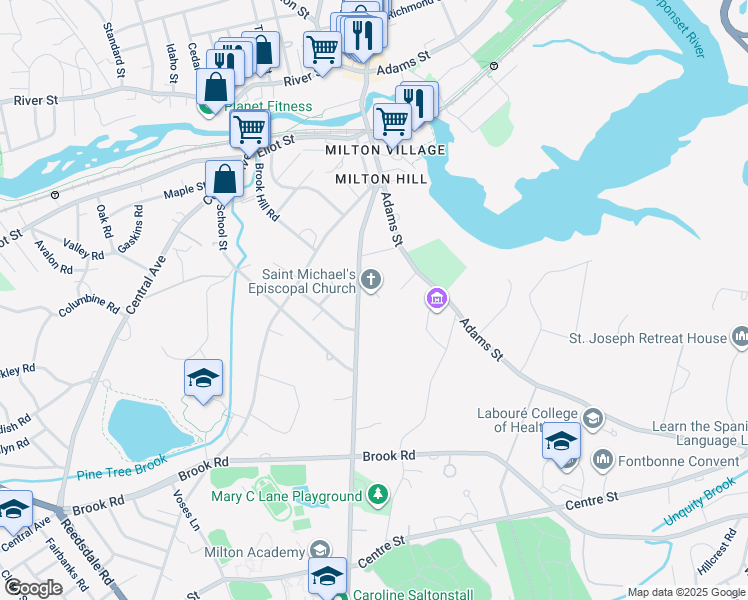 map of restaurants, bars, coffee shops, grocery stores, and more near 112 Randolph Avenue in Milton