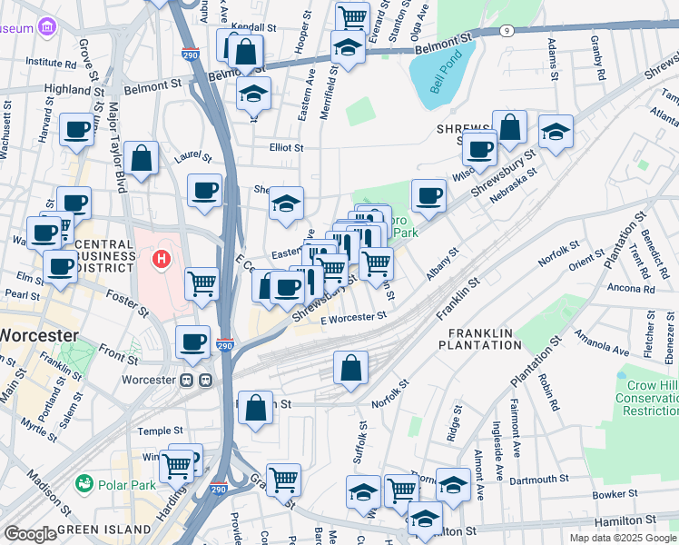 map of restaurants, bars, coffee shops, grocery stores, and more near 29 Shamrock Street in Worcester