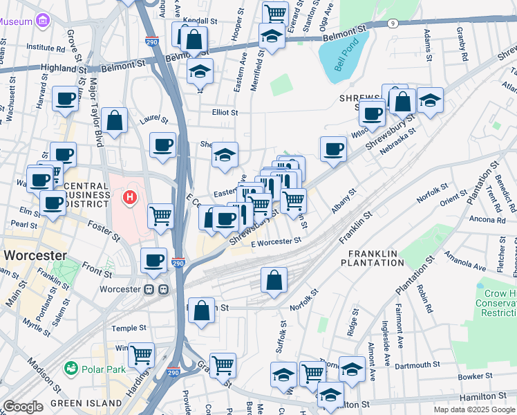 map of restaurants, bars, coffee shops, grocery stores, and more near 29 Shamrock Street in Worcester