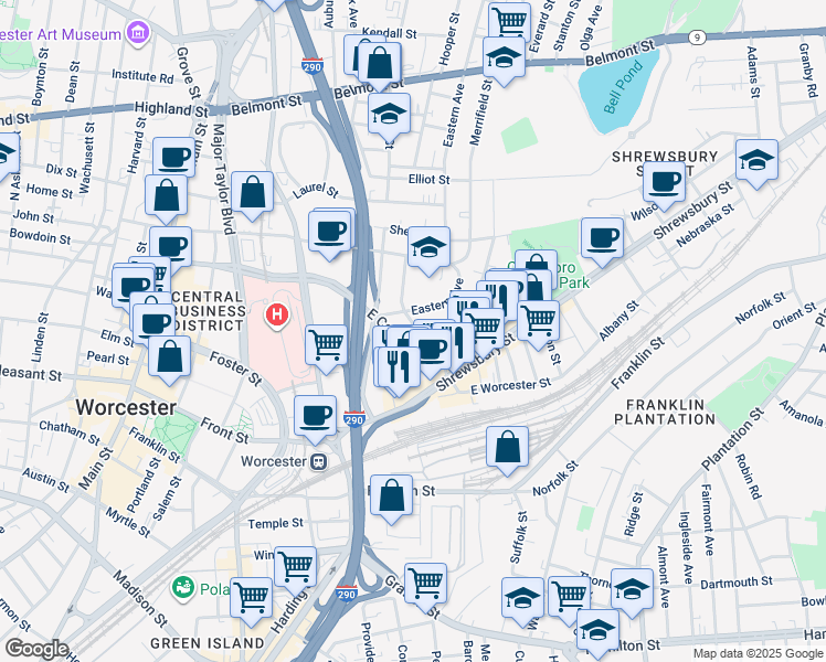 map of restaurants, bars, coffee shops, grocery stores, and more near 2 Gage Street in Worcester