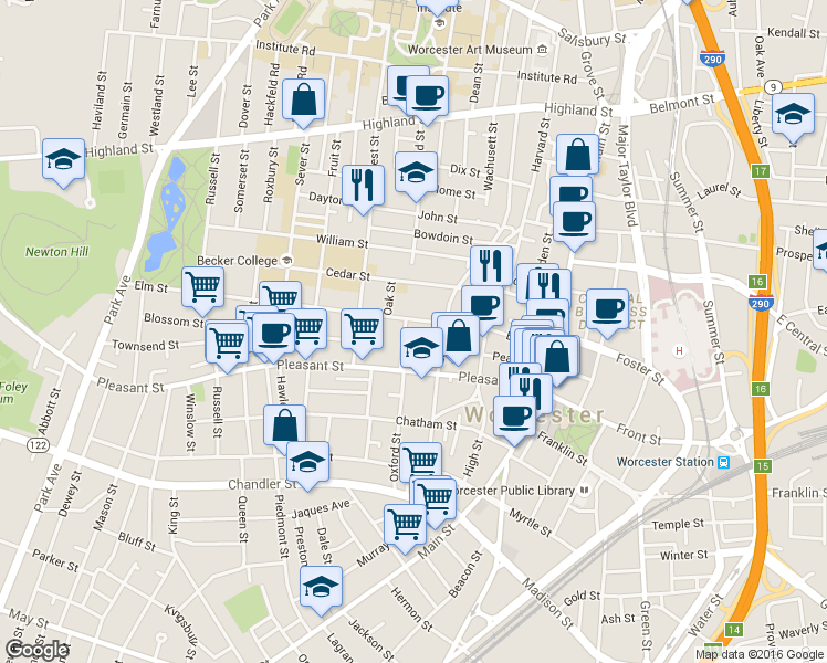 map of restaurants, bars, coffee shops, grocery stores, and more near 50 Elm Street in Worcester