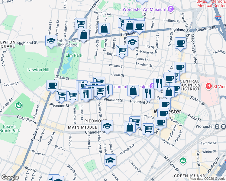 map of restaurants, bars, coffee shops, grocery stores, and more near 70 Elm Street in Worcester