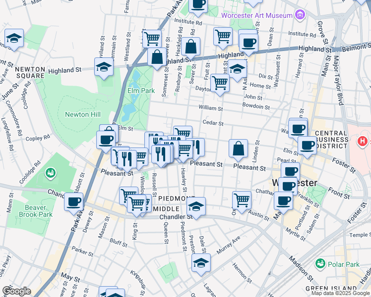 map of restaurants, bars, coffee shops, grocery stores, and more near 96 Elm Street in Worcester