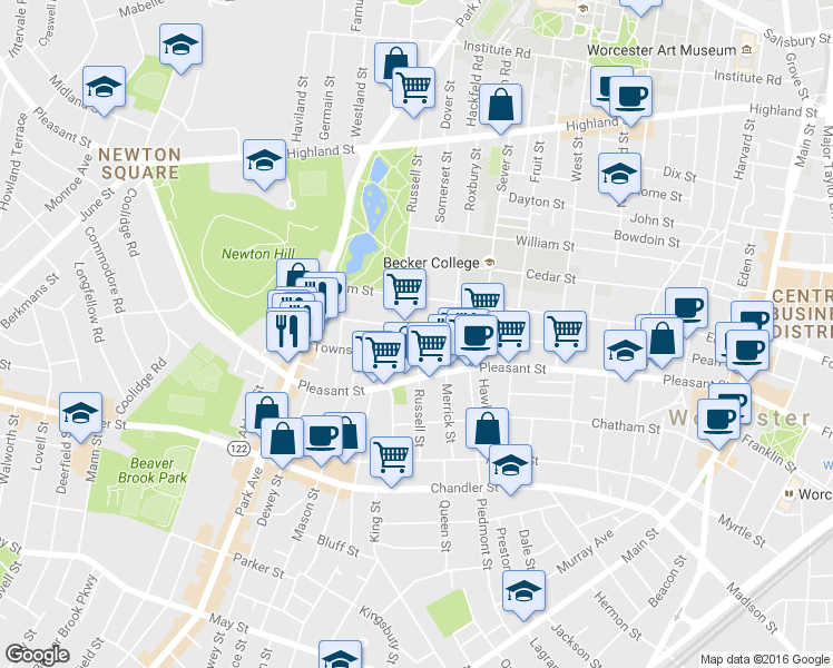 map of restaurants, bars, coffee shops, grocery stores, and more near 4 Pelham Street in Worcester