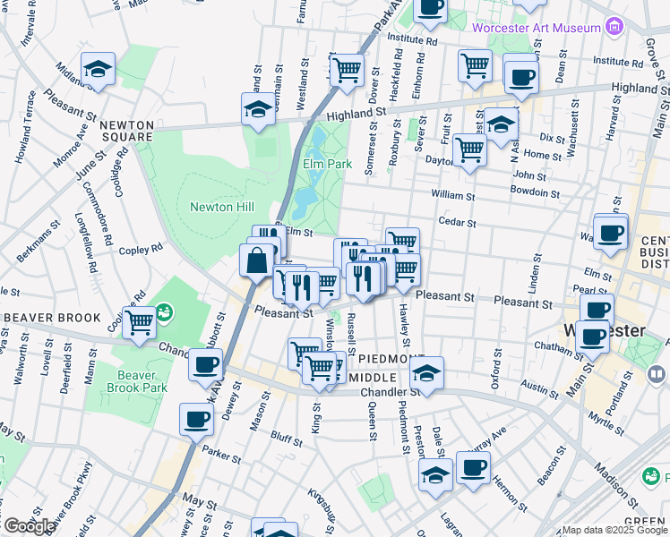 map of restaurants, bars, coffee shops, grocery stores, and more near 8 Blossom Street in Worcester